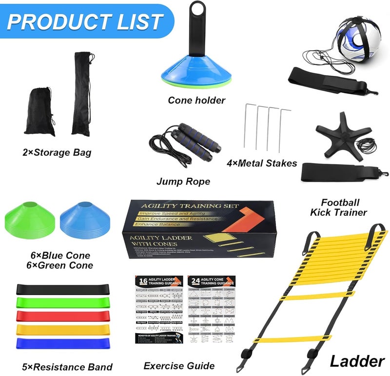 grestar Speed Agility Training Equipment Set, Agility Ladder 20ft, 12 Football Cones, Resistance Parachute/Soccer Kick Trainer, Jump Rope, 5 Resistance Bands, Football Practice Equipment for Kids Adults - Image 2